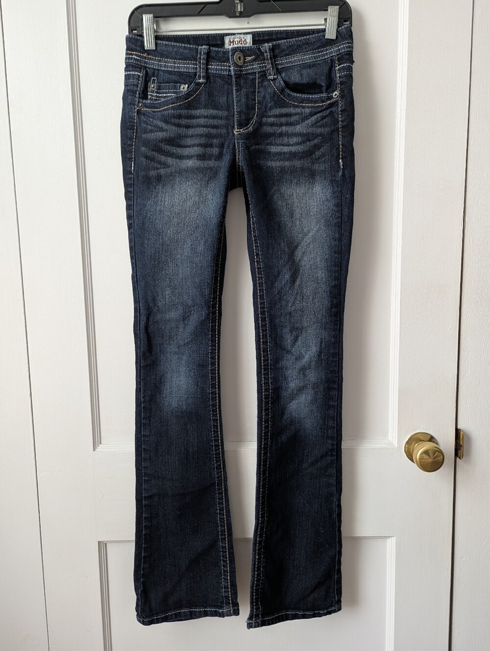 Vintage Mudd Dark Wash Contrast Stitch Stretch Low Rise Boot Flare Jeans Y2K 5